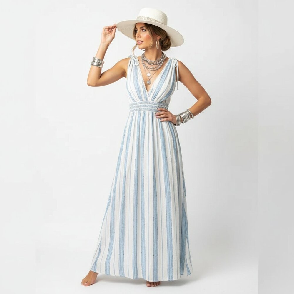 Ziuzn Cream & Blue Striped Flowy Sleeveless Beach Side Maxi Dress OS
